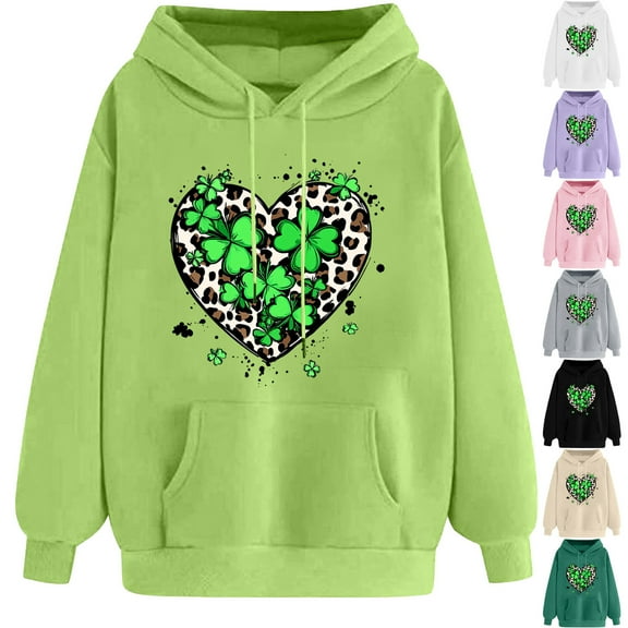 VBTAPA Womens 2025 St Patricks Day Hoodie Lucky Shamrock Print Long Sleeve Drawstring Hooded Sweatshirt Trendy Casual Pullover Hoodies Irish Gifts Army Green XL