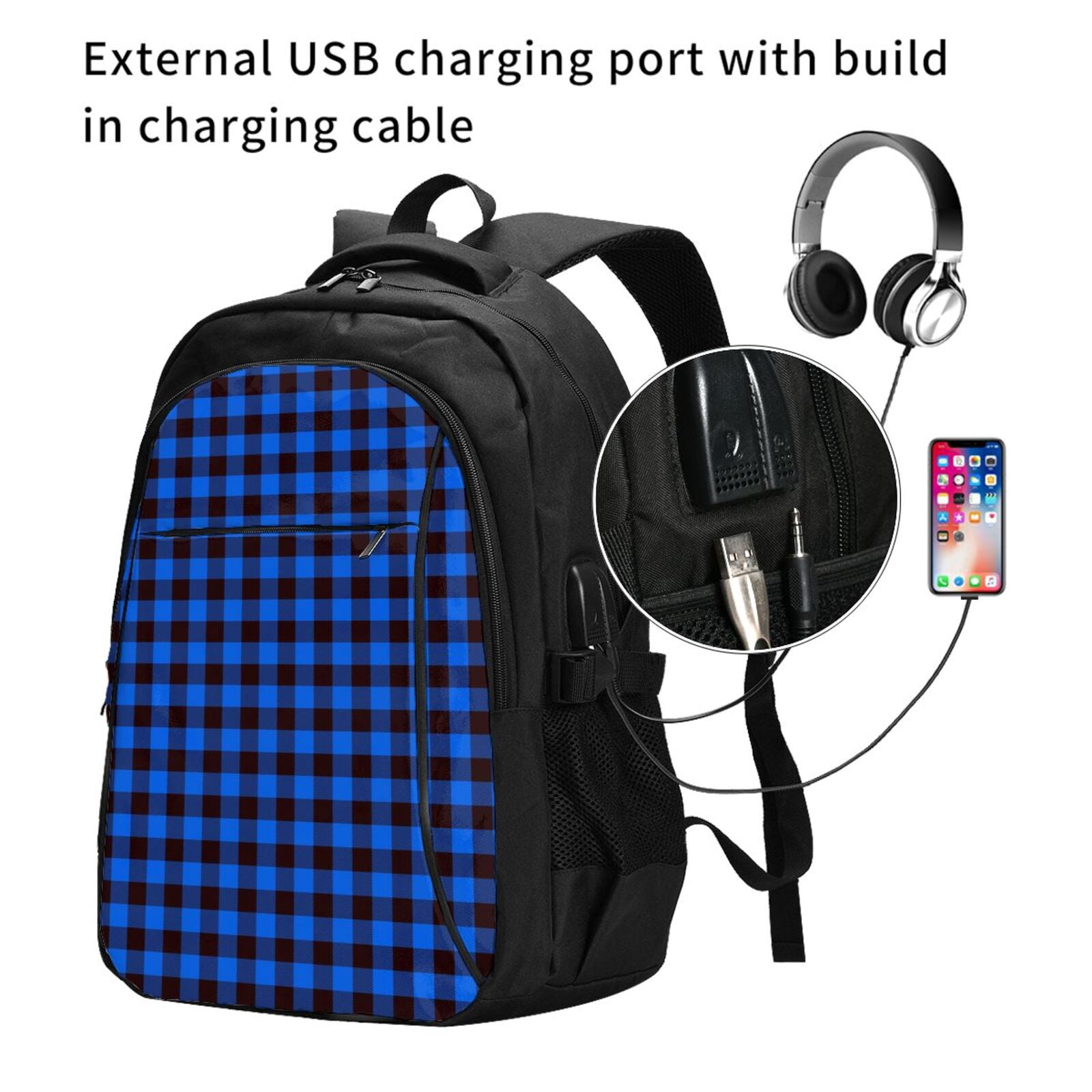 Vsdgher Buffalo Plaid Blue Black Print Travel Laptop Backpack, Laptops Backpack with USB Charging Port, Water Resistant Computer Bag Gift for Men & Women
