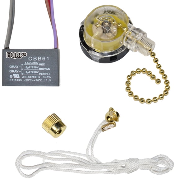 HQRP Kit Ceiling Fan Capacitor CBB61 4.5uf 6uf 6uf 5-Wire and 3-Speed Fan Switch