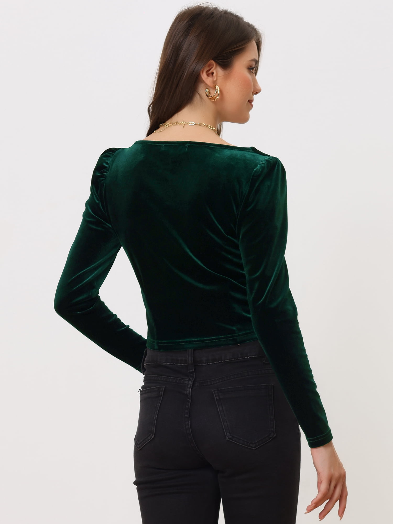 Long Sleeves Crop Tops for Women's Party Velvet Blouse Square Neck Top XL Dark Green