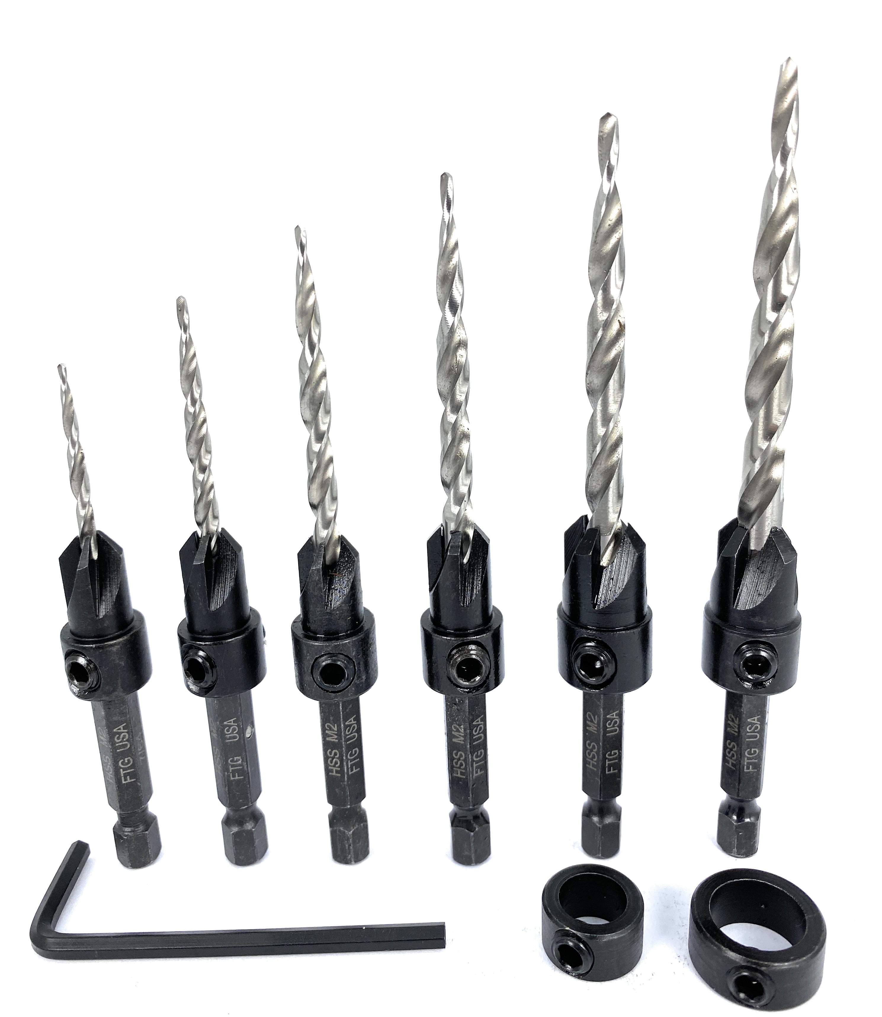 FTG USA Wood Countersink Drill Bit Set #4#6#8#10#12#14 with 2 Stop Collar
