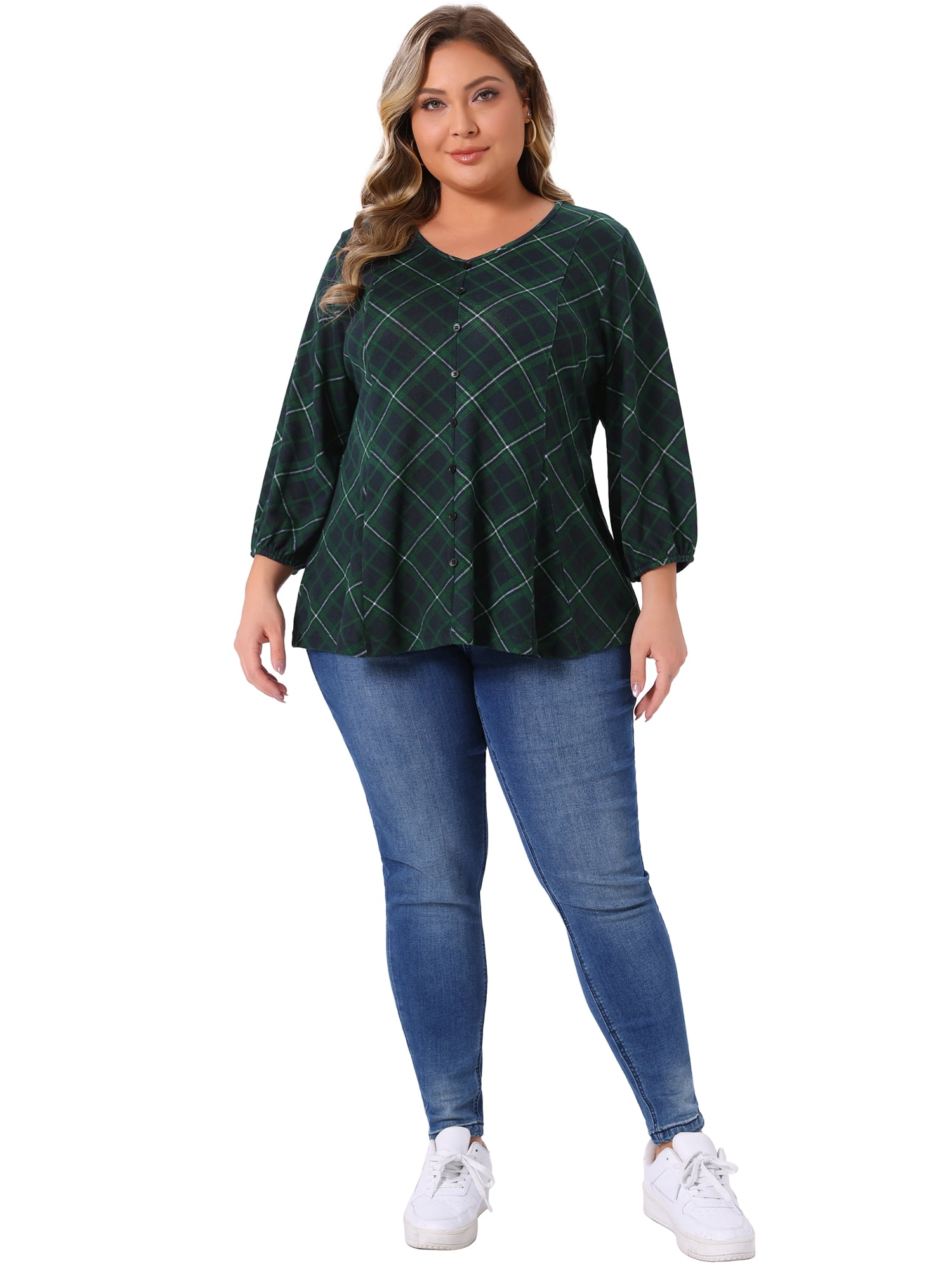 DARING DIVA Women's Plus 3/4 Sleeve V Neck Tunic with Decorative Buttons 2X Green
