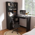 thumbnail image 4 of S-HOME Modern Ergonomic L-Shaped Computer Desk Featuring MDF Construction, Keyboard Tray And LED Lighting ,USB Charging Ports, Black, 4 of 17