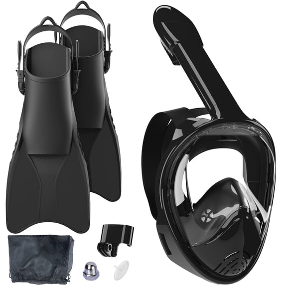 GKV Adults' 2-in-1 Snorkeling Gear – 180° Panoramic Anti-Fog Full Face Mask & Adjustable Fins, for Snorkeling/Scuba Diving