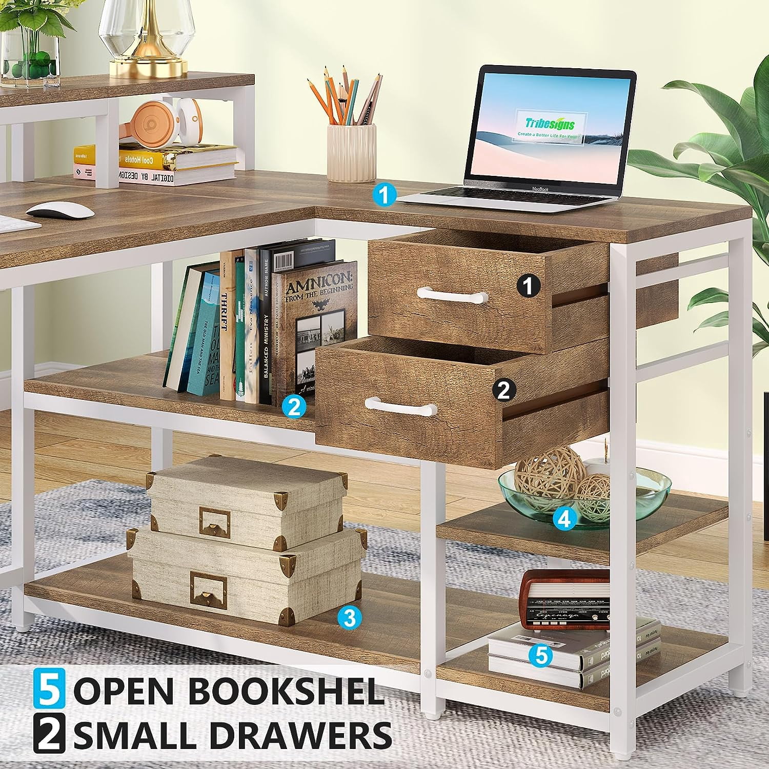 Tribesigns L Shaped Desk with Drawer, Corner Desk Home Office Table, Rustic Wooden and Metal PC Desk, Multicolor