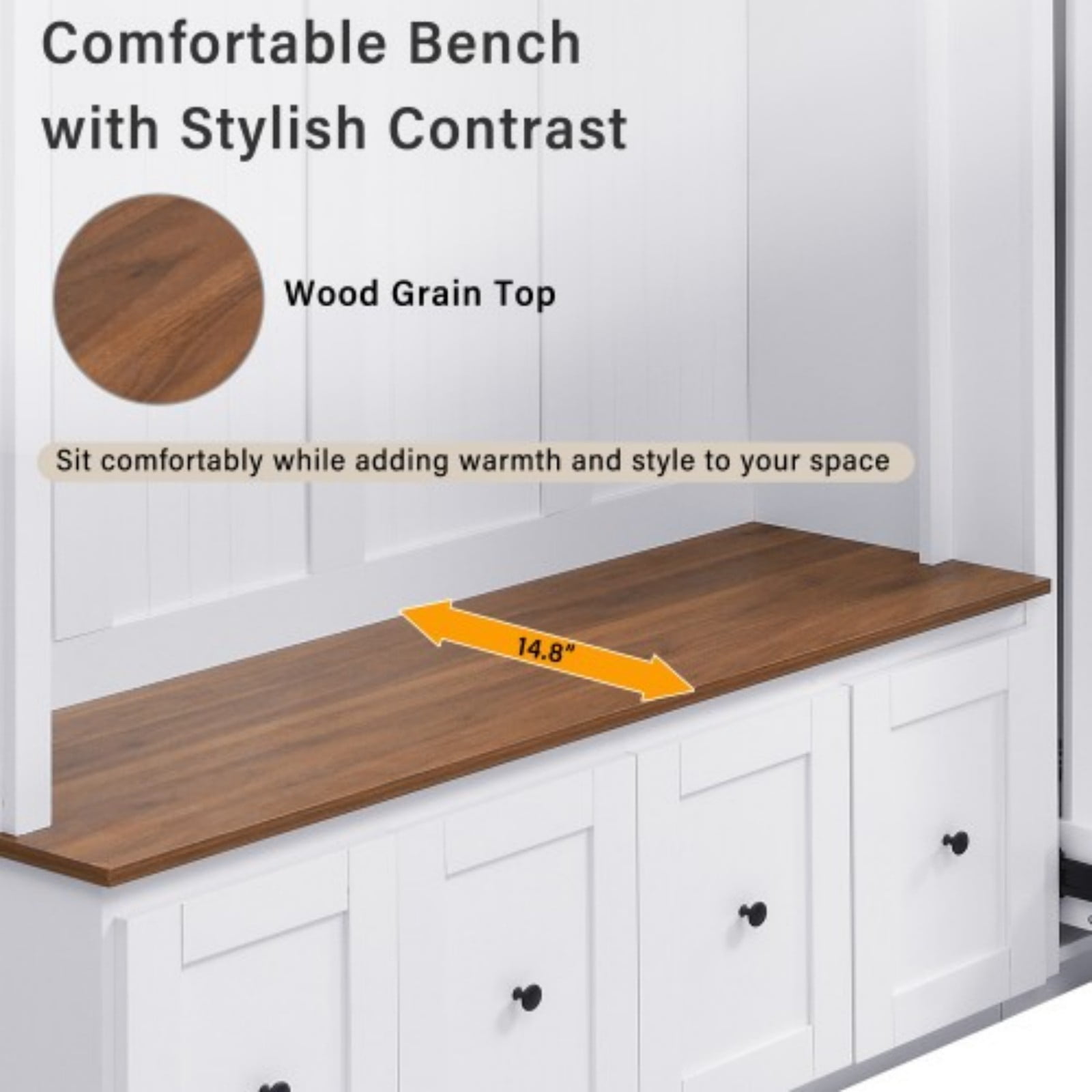 79"H Farmhouse Entryway Hall Tree with Storage Bench, 5-in-1 Coat Rack Shoe Bench with Cabinets, Drawers & Metal Hooks, Freestanding Mudroom Organizer, MDF Entryway Storage Cabinet, White
