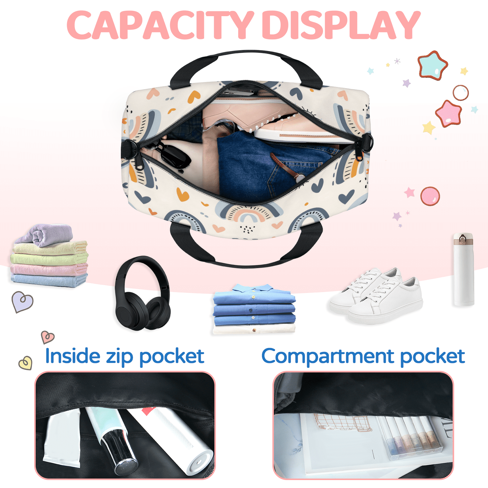 Herdesigns Rainbow Pattern Gym Bag for Women, Duffle Bag for Travel Sport, Lightweight Waterproof Carry on Weekender Overnight Dance Yoga Workout Bags