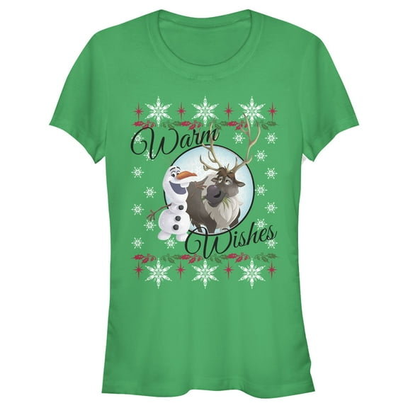Junior's Frozen Christmas Warm Wishes  Graphic Tee Kelly Green Large