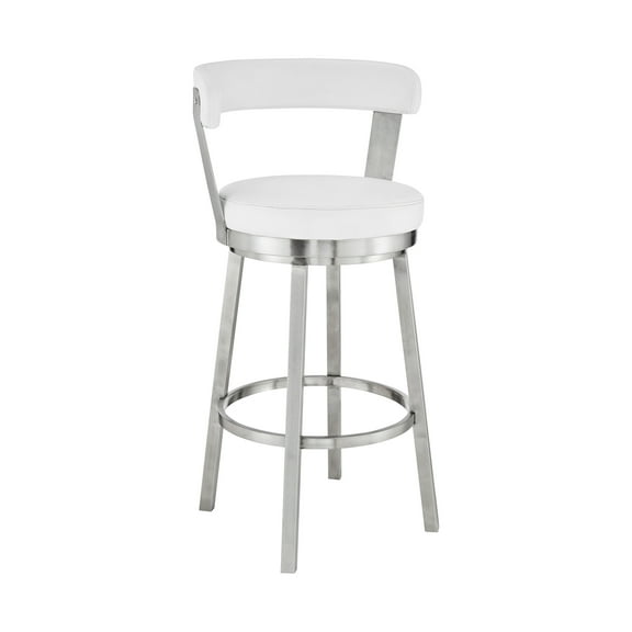 Kobe 30" Bar Height Swivel Bar Stool in Brushed Stainless Steel Finish and White Faux Leather