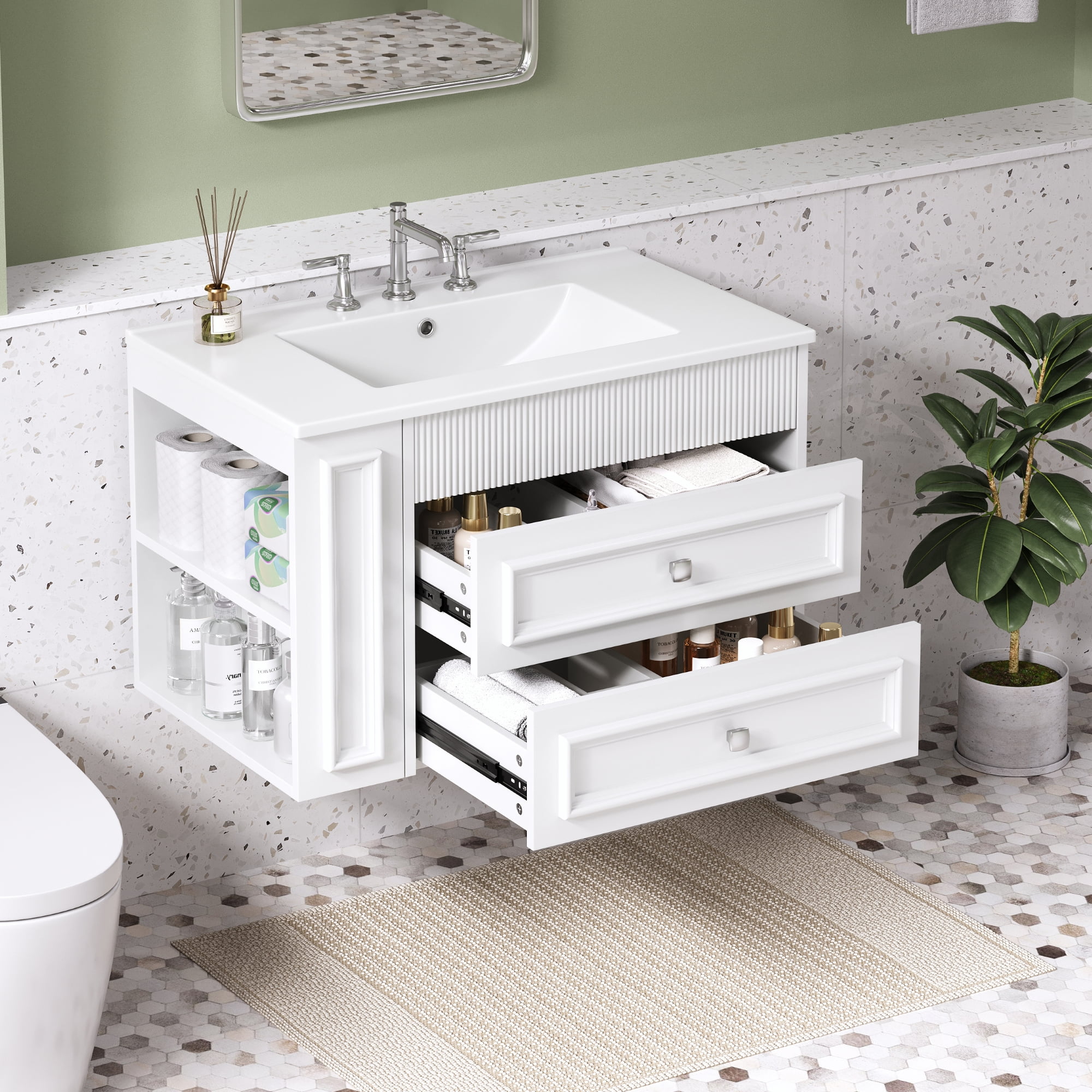Harper & Bright Designs 30" Wall Bathroom Cabinet with Sink, Freestanding Storage Cabinet with 2 Drawers, Single Sink Bathroom Vanity, White