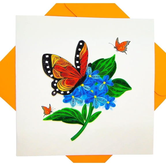 Monarch Butterfly on flower, quilling art greeting card for birthday, valentine's day, mother's day, anniversary, thank you, get well, 6" x 6"