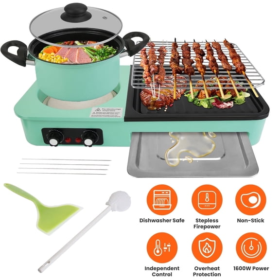 1600W 3-in-1 Electric Hot Pot & Grill, Smokeless Non-Stick, Independent Dual Temp Control, for Korean BBQ Shabu Shabu, Green