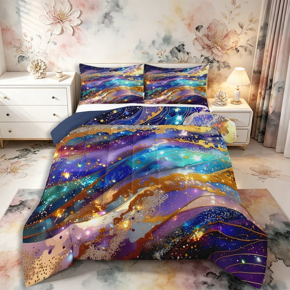 Castle Fairy Glitter Gold Foil Galaxy Wave Full Size Comforter Sets 3-Piece,Sparkly Nebula Alcohol Ink Graphic Bedding Comforter Set,Purple Cyan,Navy Blue Reversible,1 Comforter and 2 Pillowcases