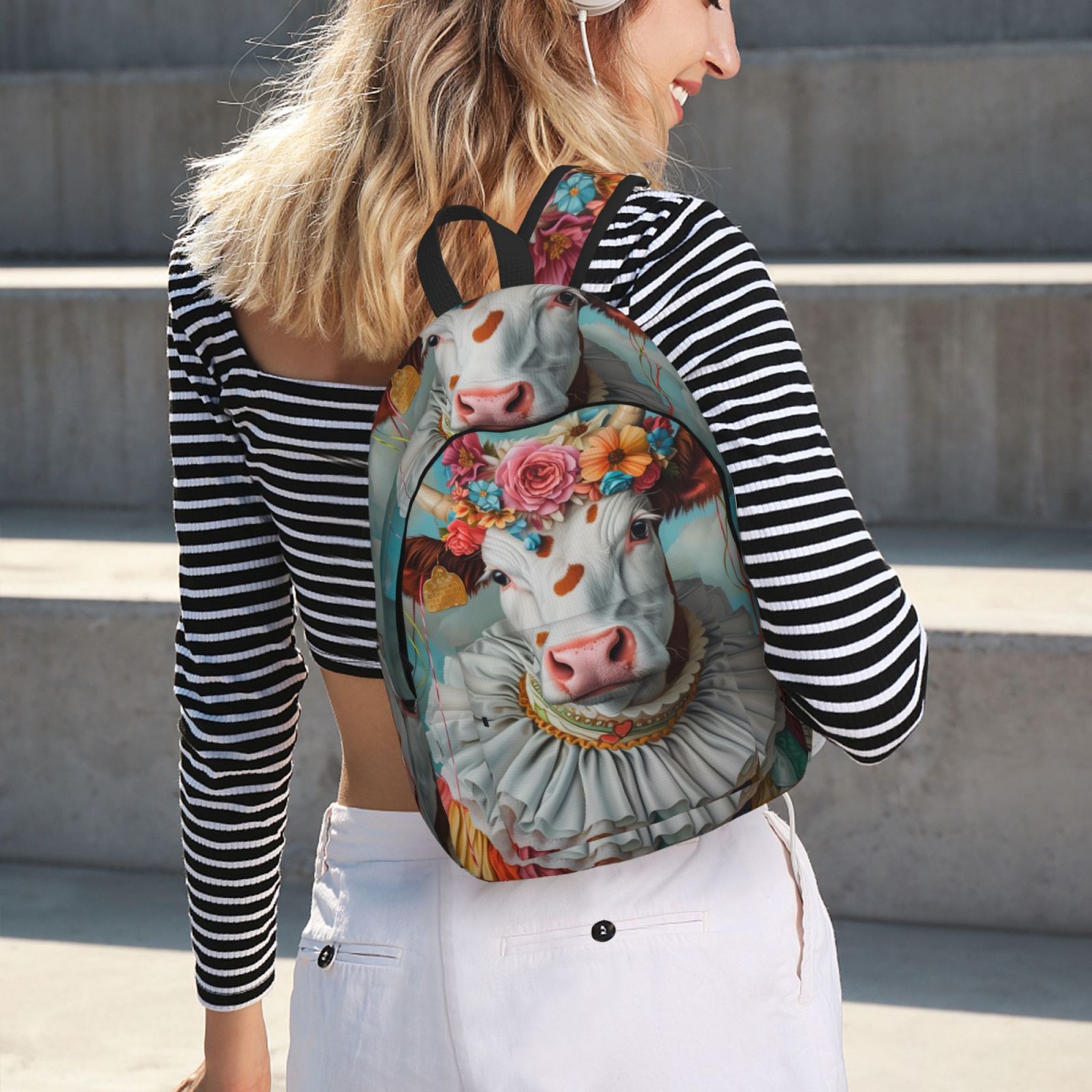 Picia Vintage Colorful Floral Cow Printed Canvas Daypack - Stylish and Durable Vintage Compact Backpack - Class, Work, Travel, or Laptop Bookbag,Organized Compartments-Medium
