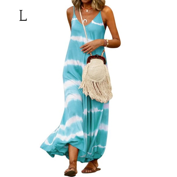 Qarigey Maxi vestido con cuello en V Ropa de verano Raya sin mangas Vestido suelto Vestido en V Prendas para la parte del cuerpo Verde L