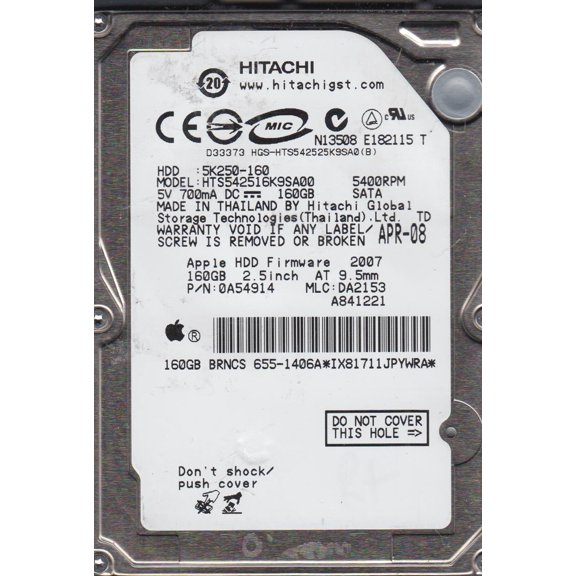 HTS542516K9SA00, PN 0A54914, MLC DA2153, Hitachi 160GB SATA 2.5 Hard Drive