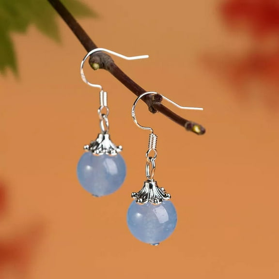 K-KED 10mm Light Blue Jade Round Gemstone Hook Dangle Earrings Women Jewelry