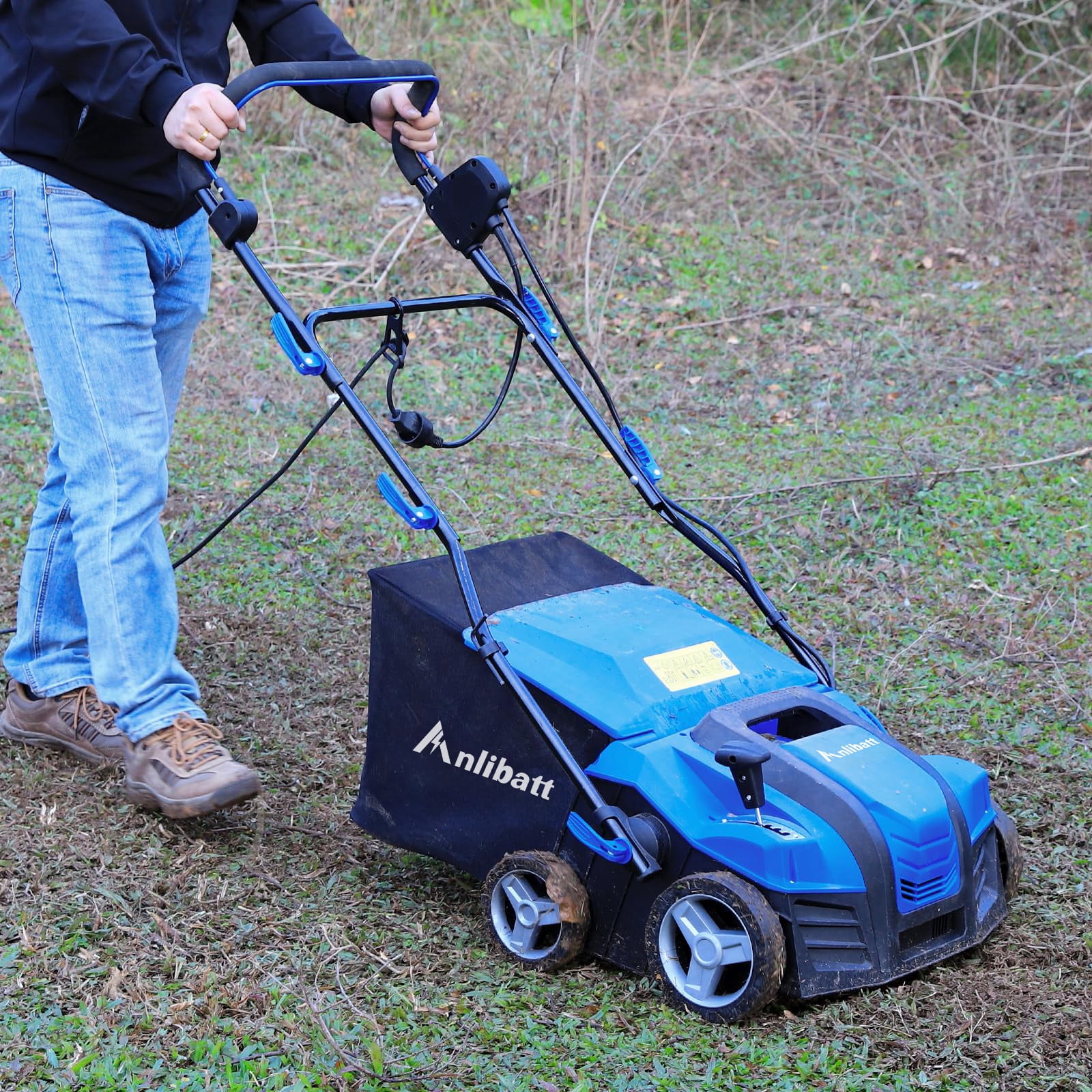 ANLIBATT 16 In Dethatcher Scarifier 15 Amp Corded Electric 2 in 1 Thatching Rake with 5 Position Depth Adjustment 14.5 Gallon Collection Bag Push Lawn Machine