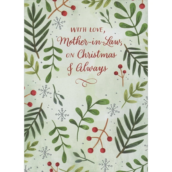Designer Greetings Floating Vines, Branches, Berries and Silver Foil Snowflakes on Light Green Christmas Card for Mother-in-Law