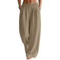 thumbnail image 4 of Women Wide Leg Palazzo Summer Flowy Pants Beach Vacation Clothes Elastic Waist Travel Trousers with Pockets Khaki M, 4 of 9