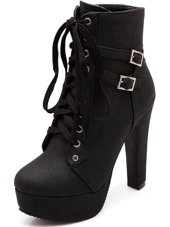 Women's Goth PU Leather Block High Heel Ankle Boots Fashion Ankle Strap Trim Punk Boots Round Toe Buckle Knight Booties