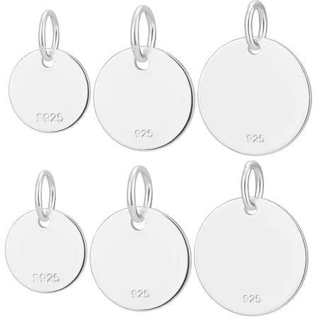 1 Box 1 Box 6Pcs 8/10/12mm Flat Round Charms 925 Sterling Silver Blank Stamping Tag Coin Pendants Charms with Jump Ring Carved 925 for DIY Bracelets Necklaces Jewelry Making