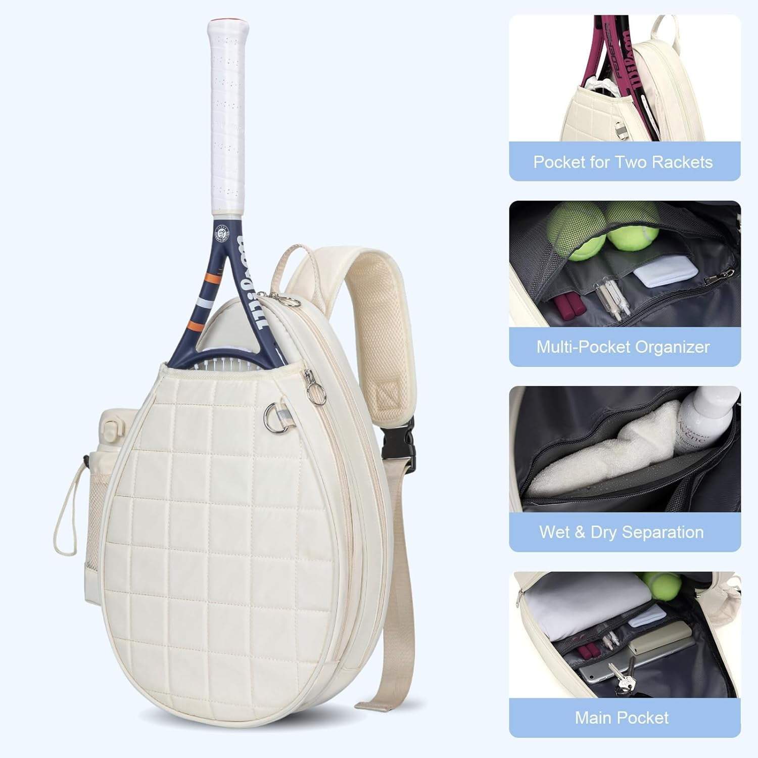Quilted Tennis Backpack for 2 Rackets, Slim & Lightweight Waterproof Sling Bag for Tennis, Pickleball, Padel, Crossbody Sport Bag for Men & Women