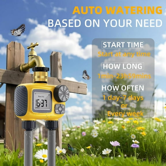 Sprinkler Timer Outdoor with Brass Swivel Water Timer for Garden Hose 2 Zone Programmable/Rain Delay/Manual/Automatic Irrigation Controller-Sprinkler System for Garden/Lawn/Yard/Pool