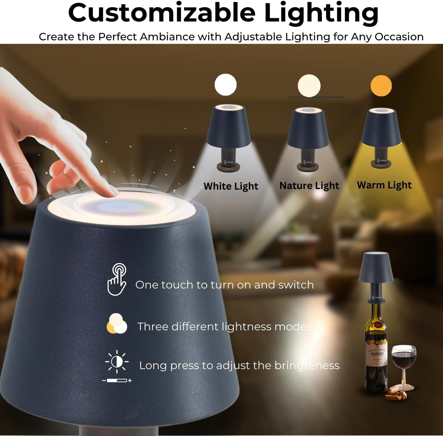 GLOVI Wine Bottle Lamp with Luxurious Metal Shade — Premium Decorative Rechargeable LED Wireless Bottle Light, Dimmable Lights, Waterproof for Indoor and Outdoor Dining (White) By LINKSTYLE