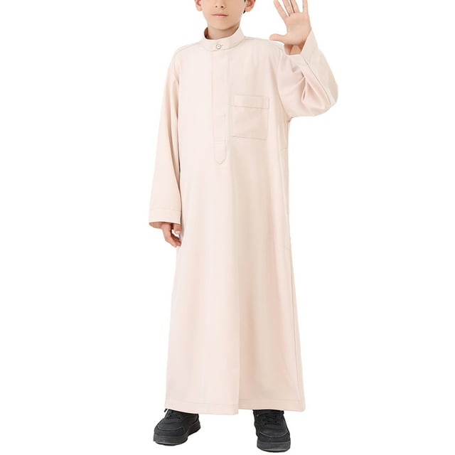 Amzcrzy Men's Robes Men Polyester Coat Boy's Solid Muslim Robe Arab Middle Robe Long Style Long Sleeve Stand Neck Pocket Robe for Men Lightweight Robes Mens Robe