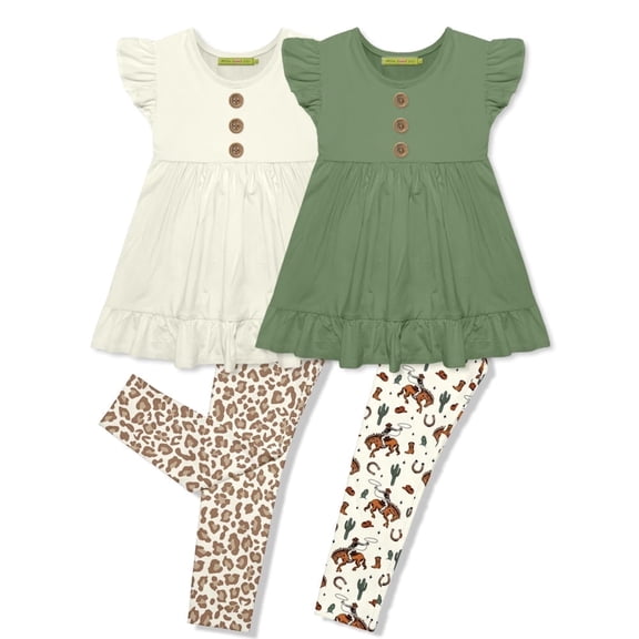 Millie Loves Lily Girls Cream & Loden Green Short Sleeve Tops & legging Sets, Size 8, 4-PCS