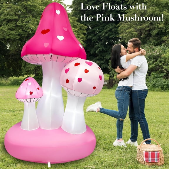 Valentines Day Inflatables Pink Mushroom with Heart LED Blow Up Inflatable Decorations for Romantic Outdoor Anniversary Wedding Party Indoor Yard Decor
