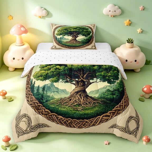 Homewish Vintage Nature Tree Twin Comforter Sets,Mountain Landscape Bedding Set,Green Cream,Reversible,2 Pieces,1 Comforter and 1 Pillowcase
