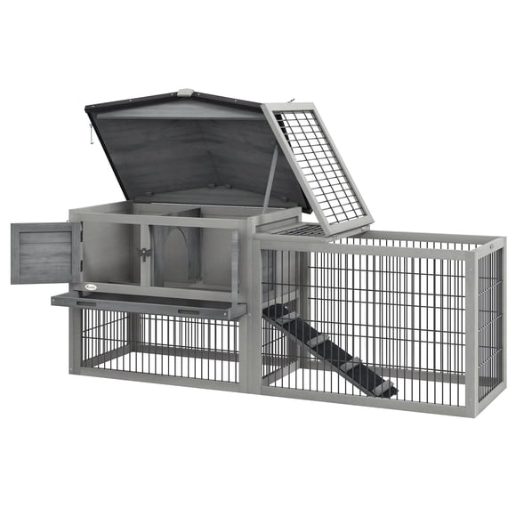 Light Grey 59" Rabbit Hutch - 2-Tier Outdoor Wooden Bunny Cage w/ Ramp & Pull-Out Tray for Living & Play