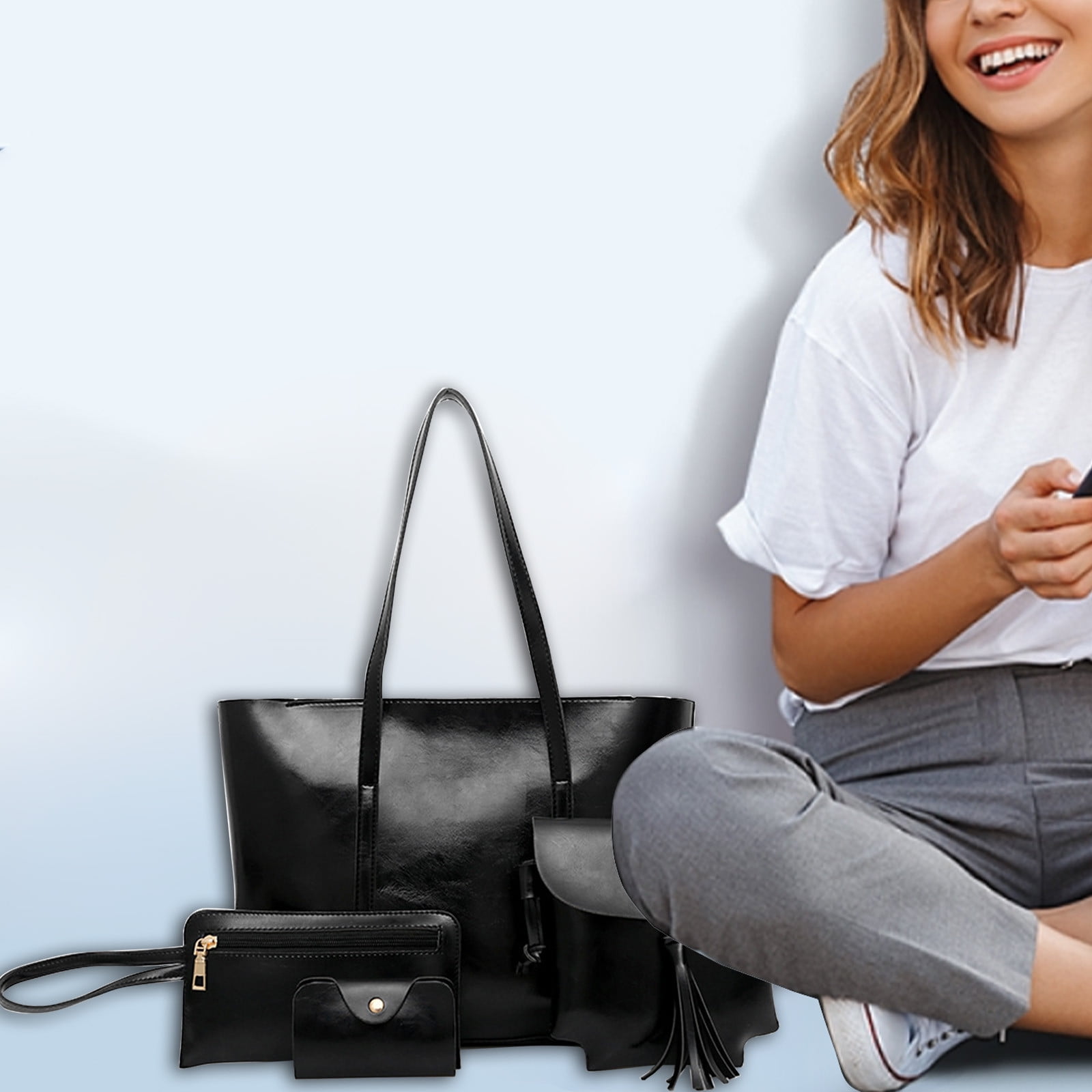 Clearance! Titcea Handbags for Women, Retro Leather Satchel, Tote Bag & Shoulder Bag & Purse & Card Bag Set 4pcs, Gifts for Mom/Her
