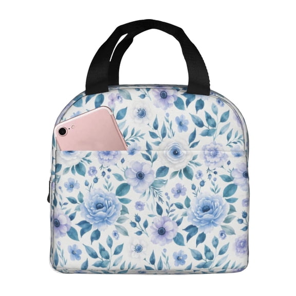 Blue Floral Lunch Bag Reusable Thermal Lunch Box with Handle for Women and Men