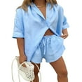 thumbnail image 3 of Women Casual Clothes Set Summer Solid Color 3/4 Sleeve Button-up Shirts Tops and Drawstring Shorts Outfits, 3 of 4