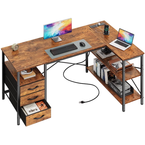 47 Inch L Shaped Office Desk with Power Outlets, Computer Desk with Drawers, Corner Desk for Home Office