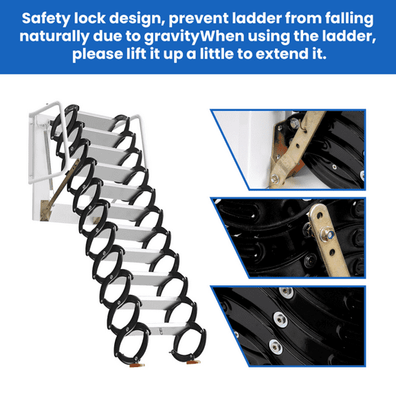 12-Step Wall Mounted Ladder with Telescopic Handrails Aluminum Adjustable 10FT for Home Storage Room Loft Industrial Plant