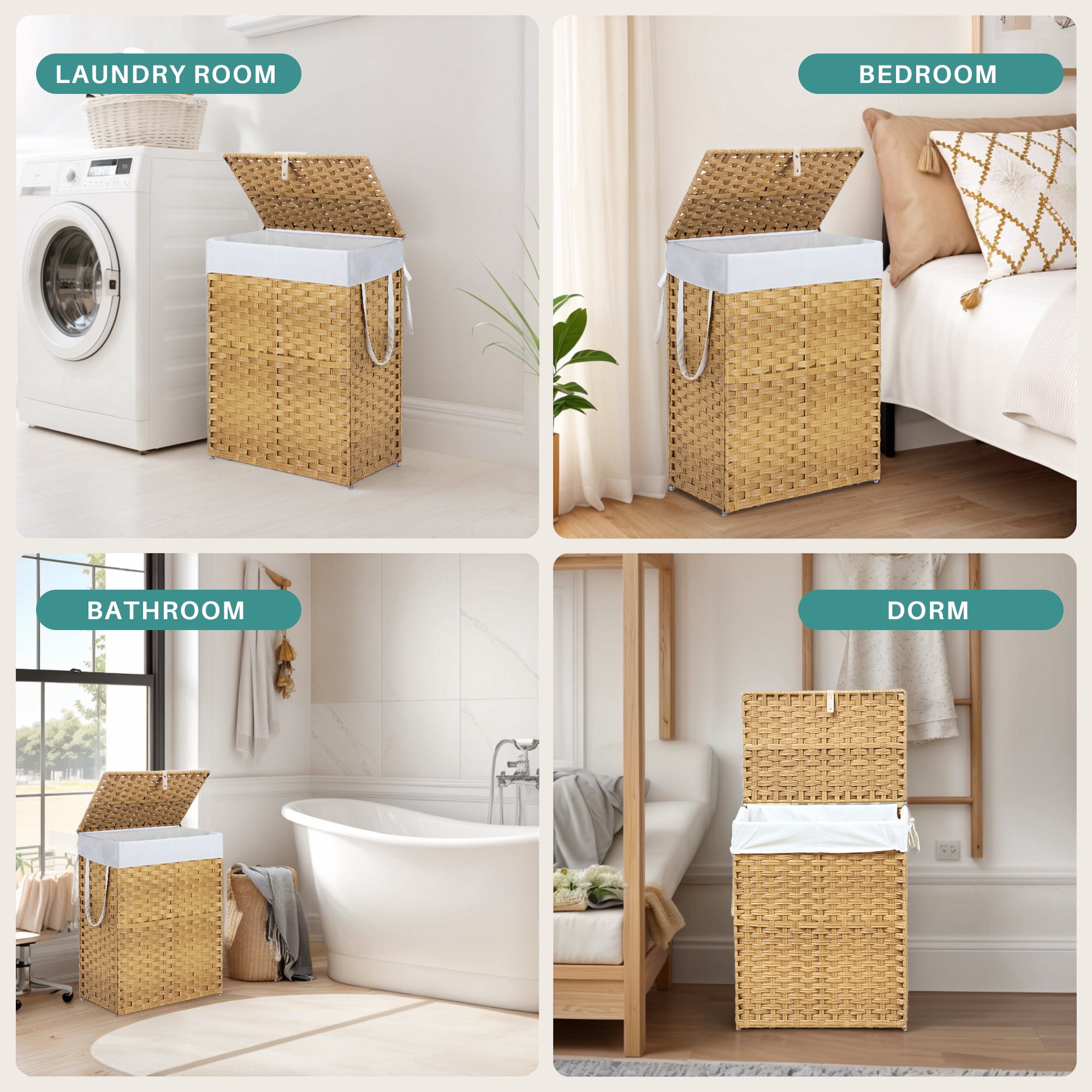 90L Foldable Laundry Hamper with Lid and Removable Liner, Wicker Basket for Bedroom & Bathroom, Yellow