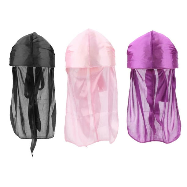 3 gorros piratas sedosos para hombre, para la caída del cabello, color negro, rosa y morado, 58 cm Negro + Rosa + Morado