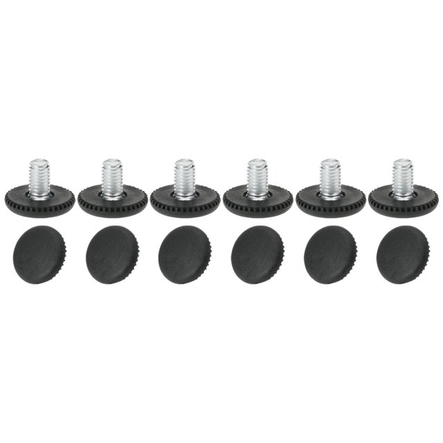 Unique Bargains M8 x 10 x 25mm adjustable leveling feet for furniture table legs, set of 12. Black plastic bases with threaded metal screws provide height adjustment, anti-slip protection, and floor preservation. Suitable for DIY furniture projects and industrial use.