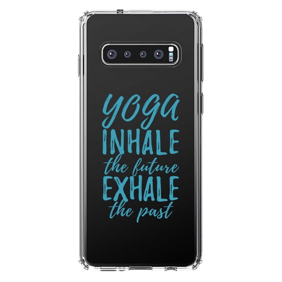 DistinctInk Clear Shockproof Hybrid Case for Samsung Galaxy S10  PLUS (6.4" Screen) - TPU Bumper Acrylic Back Tempered Glass Screen Protector - Yoga Inhale the Future Exhale the Past