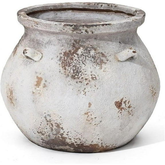 LuxenHome 14.96'' Dia Round Large Plant Pots, Off White Indoor Outdoor Planters with Drainage Holes, Rustic Distressed Flower Pot for Plants, Handmade Concrete Planter Pot for Home Patio Garden