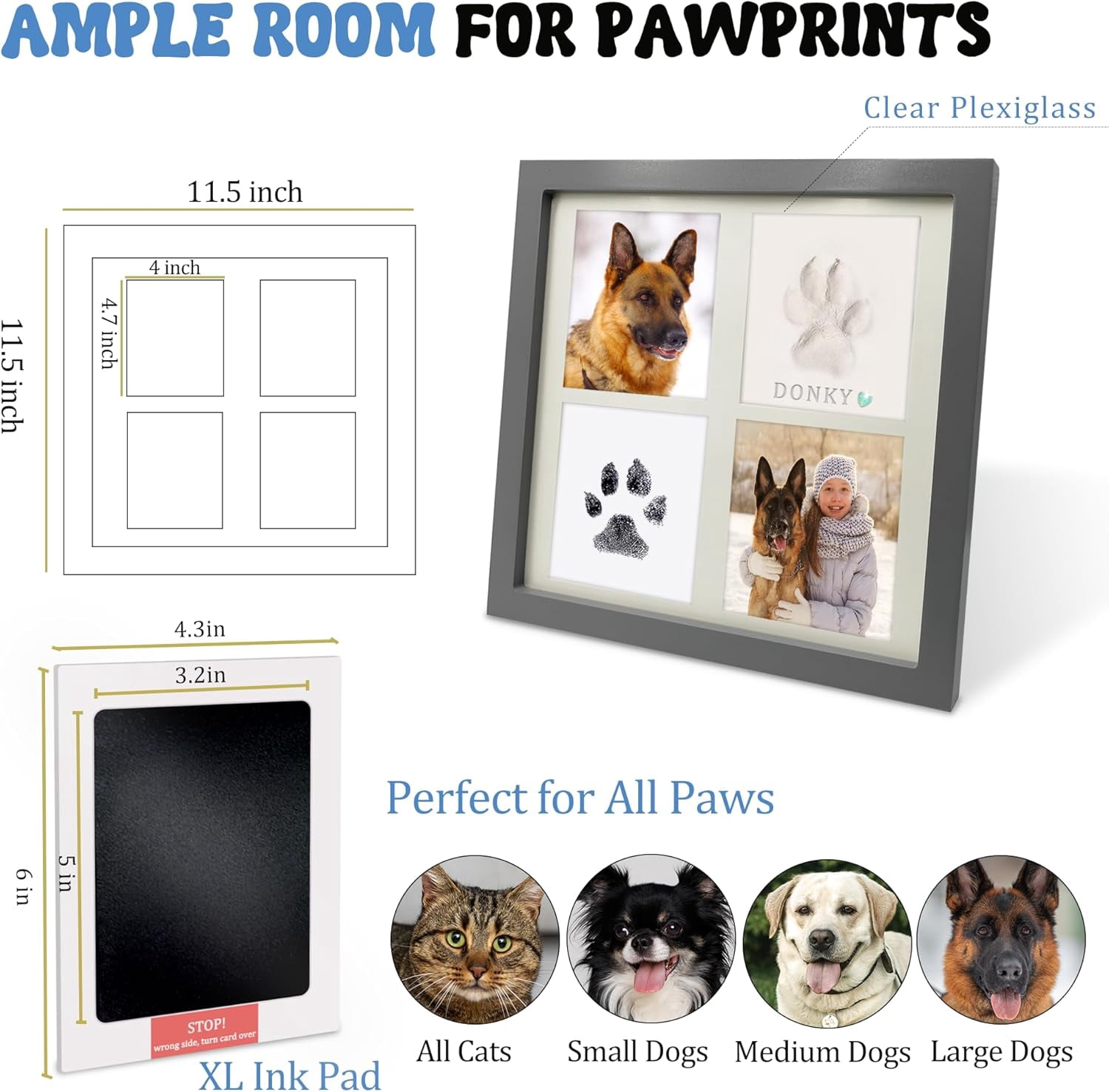 Ink & Clay Paw Print Kit for Dog Cat,Clean-Touch Ink Pad & Soft Clay,Pet Paw Print Impression Kit Large Area,Keepsake Frame for 1-2 Pets,Cat/Dog Gifts