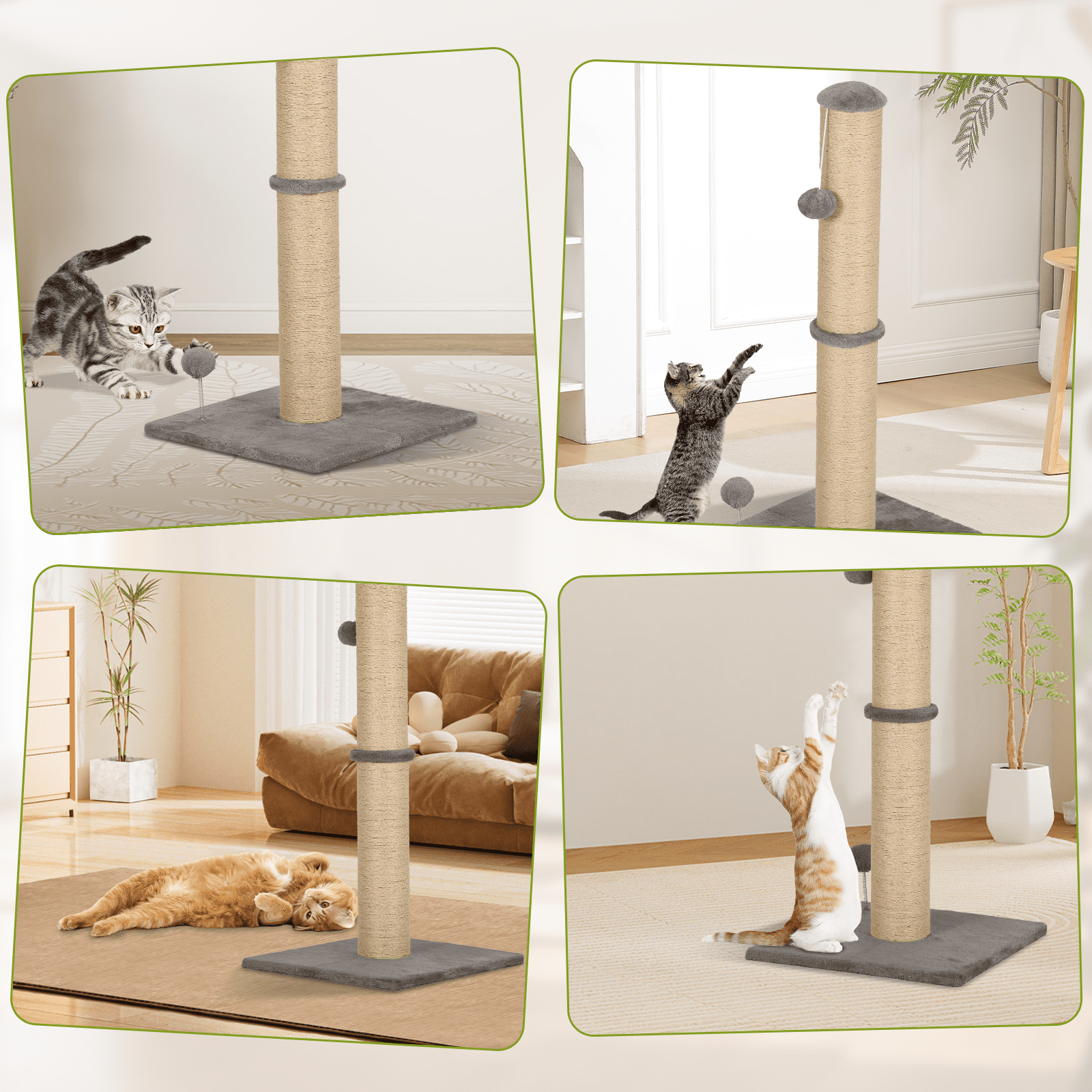 Dkelincs Cat Scratching Post with Sisal & Spring Ball Toy 33" Tall Cat Scratcher for Indoor Cats/Kittens Natural Sisal Scratch Post Trees for Living Room Bedroom, Light Gray