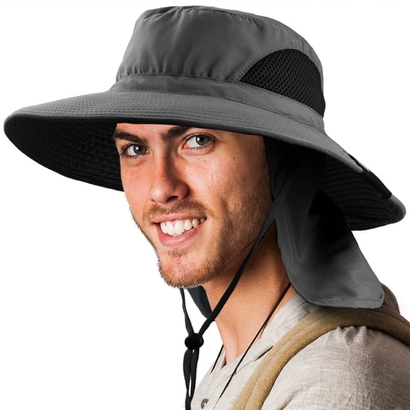 SUN CUBE Fishing Hat Sun Hat for Men, Women, Hiking Sun Hat with Neck Flap, Wide Brim, Chin Strap, Safari Summer Bucket Boonie Hat, UPF 50 Outdoor Protection, Packable Breathable Mesh (Gray)
