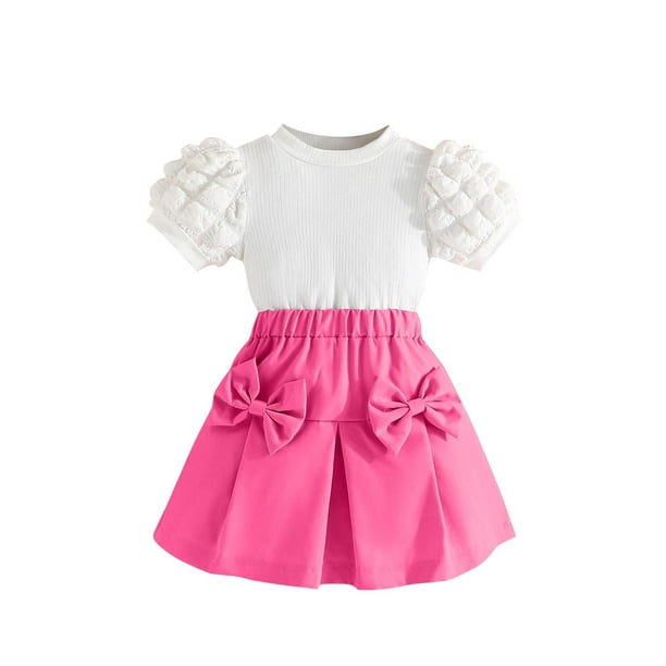 Odeerbi 18M-8Y Niñas Trajes de Verano Tops de Manga Corta de Algodón Con Falda Plisada Conjunto de Dos Piezas Falda Con Lazo Conjunto de Dos Piezas Falda Con Lazo