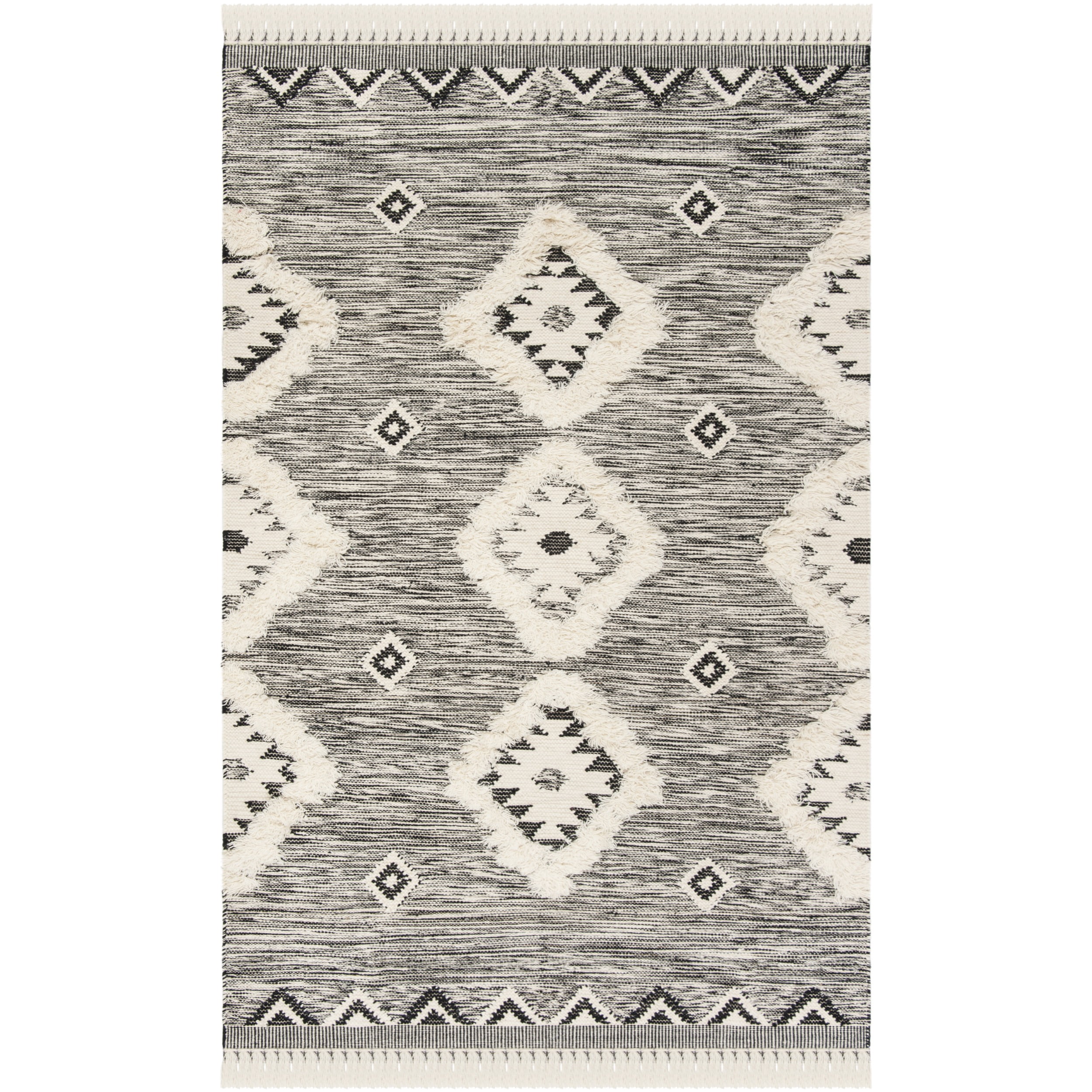 SAFAVIEH Kenya Pierce Geometric Diamonds Fringe Area Rug, Black/Ivory, 5' x 8'