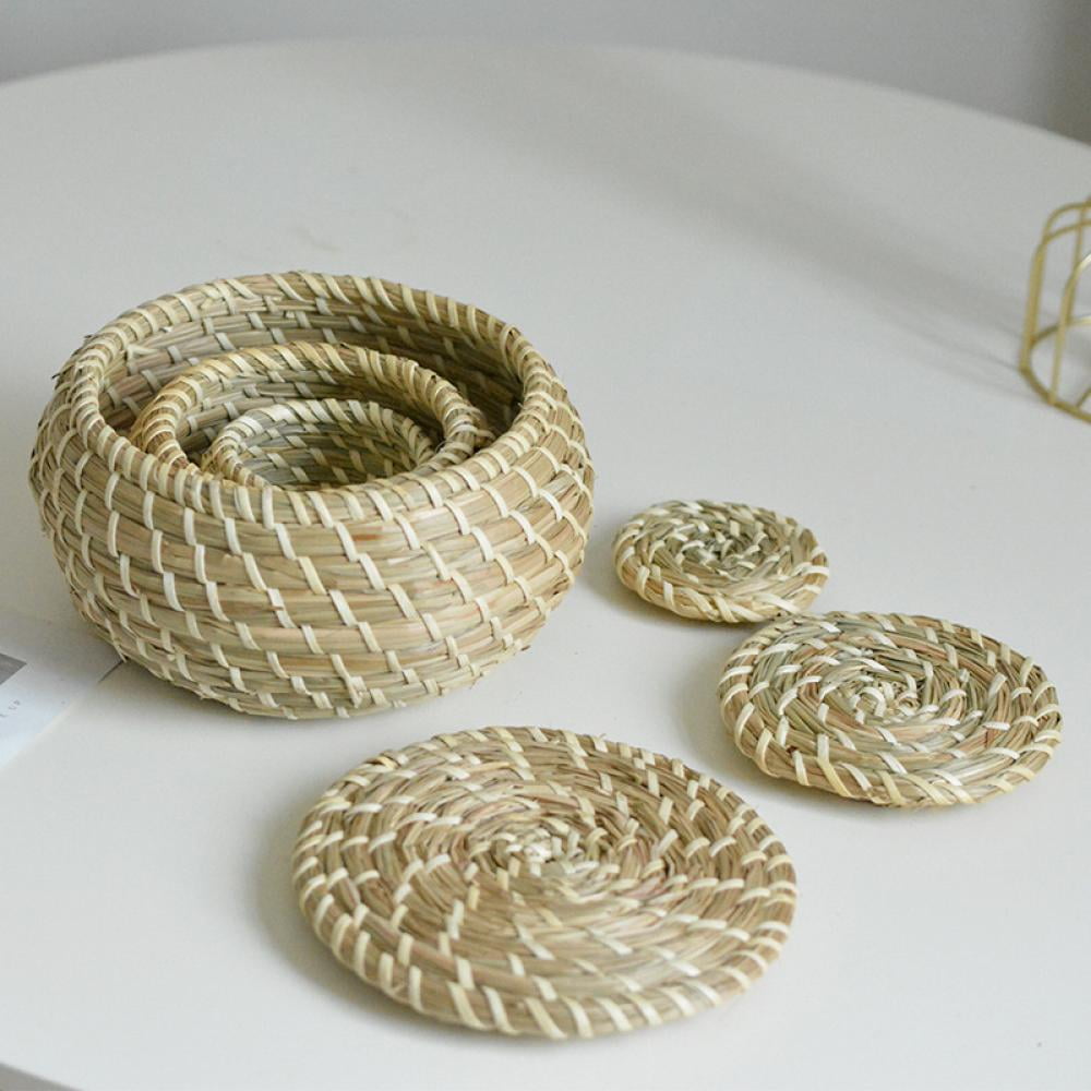 Set of 3 Straw Hand Woven Storage Baskets with Lids Round  Box Desktop Storage Basket Bathroom Desktop Kitchen Toy Storage Bin